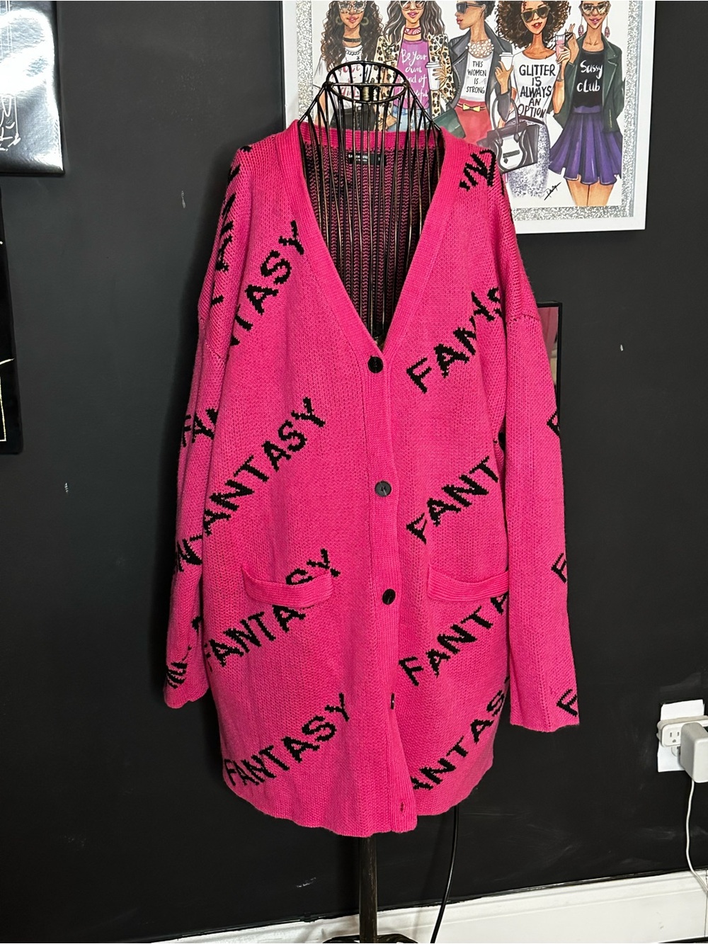 SHEIN Hot Pink 'Fantasy' Logo Knit Cardigan